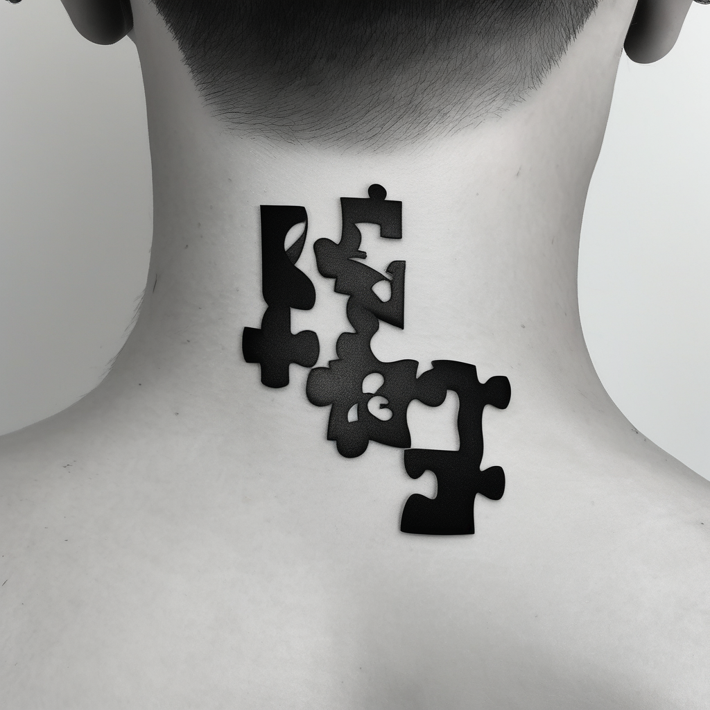 side of the neck puzzle piece tattoo where one of the pieces says Rella half sleeve tattoo designs for men, diseño de tatuaje Blanco y negro generado con IA